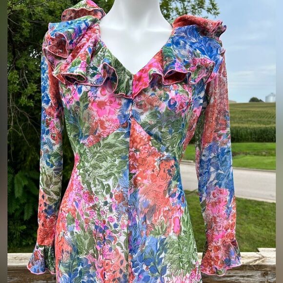 Vintage 60s Floral Print Ruffle Neck Long Sleeve Maxi Dress - Picture 6 of 16